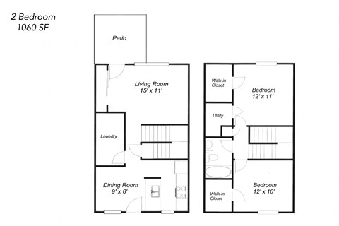 Floor plan for 2 beds, 1 bath, 1080 sqft